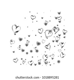 Valentines day background with random hand drawn falling silver hearts isolated on white.