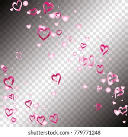 Valentines day background with random hand drawn falling pink hearts on transparent background.