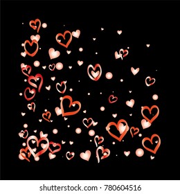 Valentines day background with random hand drawn falling red hearts isolated on black.