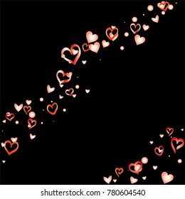 Valentines day background with random hand drawn falling red hearts isolated on black.