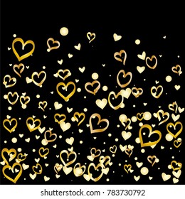 Valentines day background with random hand drawn falling golden hearts isolated on black.