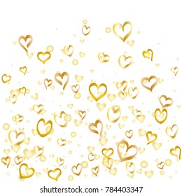 Valentines day background with random hand drawn falling golden hearts isolated on white.