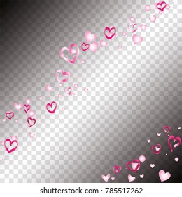 Valentines day background with random hand drawn falling pink hearts on transparent background.