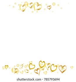 Valentines day background with random hand drawn falling golden hearts isolated on white.