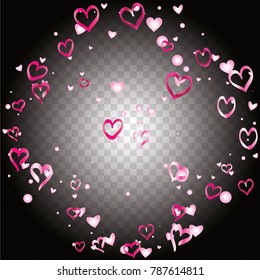 Valentines day background with random hand drawn falling pink hearts on transparent background.