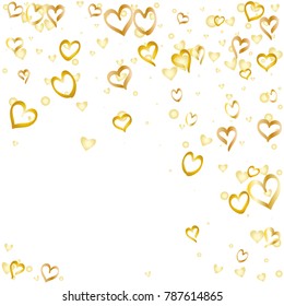 Valentines day background with random hand drawn falling golden hearts isolated on white.