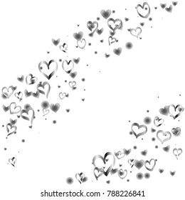 Valentines day background with random hand drawn falling silver hearts isolated on white.