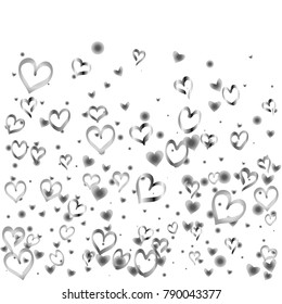 Valentines day background with random hand drawn falling silver hearts isolated on white.