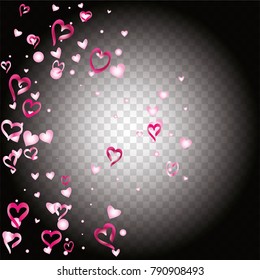 Valentines day background with random hand drawn falling pink hearts on transparent background.