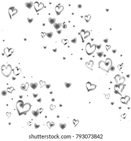 Valentines day background with random hand drawn falling silver hearts isolated on white.