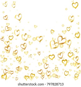 Valentines day background with random hand drawn falling golden hearts isolated on white.