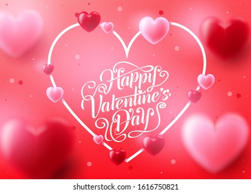 Valentine's Day Background with Realistic 3D Heart in Pink Red Background Romantic Lovely Design. Vector Illustration
