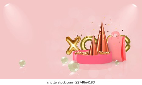 Valentine's Day background. Realistic 3d designer decorations with XOXO overlay. Festive decoration. vector illustration.