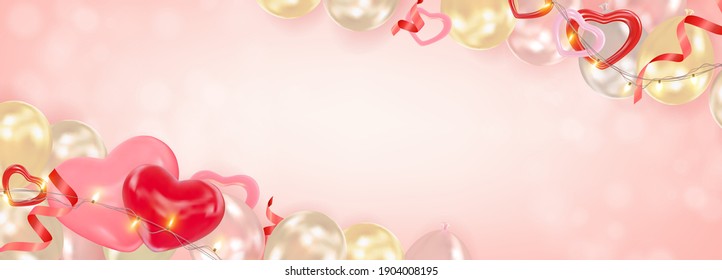 Valentines Day background with realistic air balloons, hearts, shining lights garlands and sparkling confetti. Romantic composition for greeting card, flyer, banner, wedding invitation