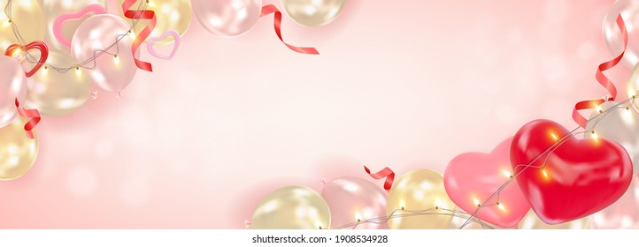 Valentinstag-Hintergrund mit realistischen Luftballons, Herzen, leuchtenden Lichtern, Grandland und funkelnden Konfetti. Romantische Komposition für Grußkarte, Flyer, Banner, Hochzeitseinladung