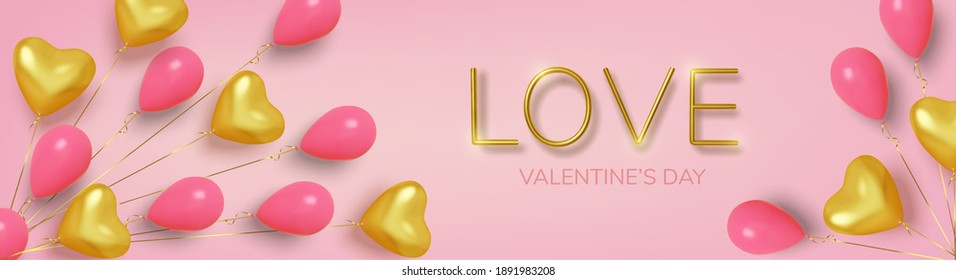 Valentinstag Hintergrund mit realistischen Ballons rosa und goldfarben in Form von Herzen. Liebe und Hochzeit. Vorlage für Produkte, Webbanner und Prospekte. Vektorgrafik