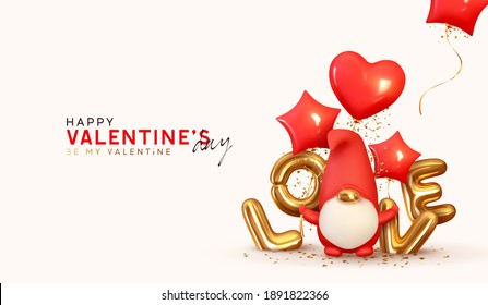 Valentine's Day background. Realistic design with romantic decorative objects in 3d Scandinavian gnome for lovers symbol. Gold sign love. Red balloons shape of heart, stars. Bright holiday composition