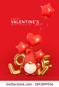 Valentine's Day background. Realistic design with romantic decorative objects in 3d Scandinavian gnome for lovers symbol. Gold sign love. Red balloons shape of heart, stars. Bright holiday composition