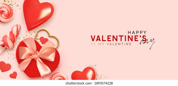 Valentine's Day background. Realistic design with romantic decorative objects in 3d Red gift boxes, candy on stick, metal hearts made of gold, golden glittering confetti. Bright holiday composition