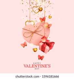 Valentine's Day. Background with realistic festive gifts box. Romantic present. pink boxes with red ribbon gift surprise, Golden 3d hearts, glitter gold confetti. Decorative flying butterflies