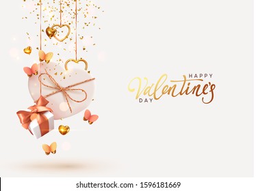 Valentine's Day. Background with realistic festive gifts box. Romantic present. white boxes with beige ribbon gift surprise, Golden 3d hearts, glitter gold confetti. Decorative flying pink butterflies