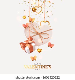 Valentines Day. Background with realistic festive gifts box. Romantic present. white boxes with beige ribbon gift surprise, Golden 3d hearts, glitter gold confetti. Decorative flying pink butterflies