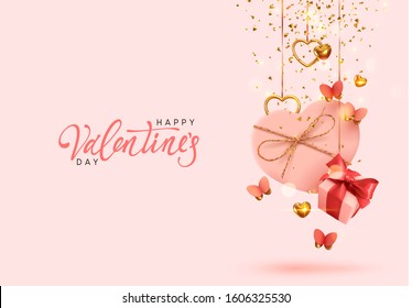 Valentine's Day. Background with realistic festive gifts box. Romantic present. pink boxes with red ribbon gift surprise, Golden 3d hearts, glitter gold confetti. Decorative flying butterflies