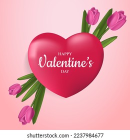 Valentine's Day background with realistic pink heart and Happy Valentine's Day text.