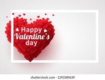 Valentines Day background with red 3d hearts. Cute love banner or greeting card. Place for text. Happy valentines day. Vector illustration.