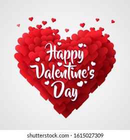 Valentines Day background with red 3d hearts. Cute love banner or greeting card. Place for text. Happy valentines day. Vector illustration.