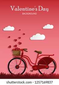 Valentines day background of red bicycle with tiny hearts floating from wicker basket go in the red sky with clouds and your copy space. Design for Valentines day greeting card or banner.