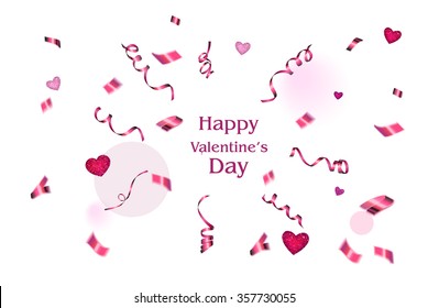 valentines day background with red confetti and ribbons