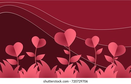 Valentines Day background of red flowers with heart shaped in meadow field on red hill background. Concept of love and Valentine day design in paper art style. Vector illustration.