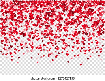 Valentine's  day background with  red flying heart confetti.  Design element for romantic love greeting card, Women's Day postcard, wedding invitation. Vector  texture.