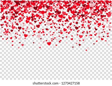 Valentine's  day background with  red flying heart confetti.  Design element for romantic love greeting card, Women's Day postcard, wedding invitation. Vector  texture.