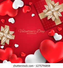 Valentine's day background of red gift box with gold ribbons and a group of red and white color hearts on red background with your copy space. Concept for banner, advertising and promotion.