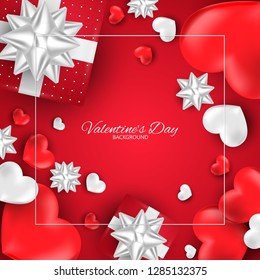 Valentine's day background of red gift boxes with white ribbons, red heart and white hearts on red background with white frame for your copy space. Valentine's day concept for background, advertising.