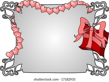 Valentine's Day background, with a red gift and heart shaped garland.