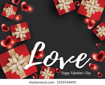 Valentines day background of red gift boxes, lots of heart-shaped crystals with Love and Happy Valentine's Day text on a black background for your copy space. Vector illustration.