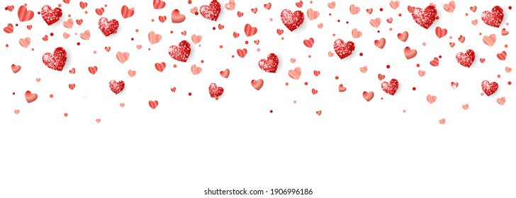 Valentinstag Hintergrund mit roten glänzenden Herzen. Falling Konfetti Rahmen, Grenze. Feriendekoration einzeln auf Weiß. Für Hochzeitsbanner und Muttertagsbanner, Partyplakate. Vektorgrafik.