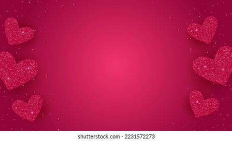 Valentine's day background. Red glitter hearts on red background
