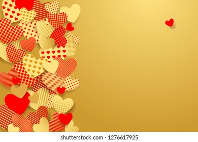 Valentine's Day background. Red and gold paper hearts. Vector illustration EPS10