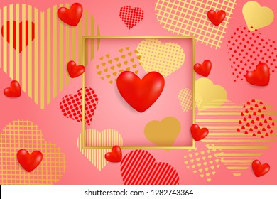 Valentine's Day background. Red and gold paper hearts. Vector illustration EPS10