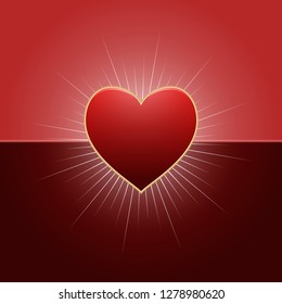 Valentines Day background with red heart and rays of lights. Happy Valentine's Day template. Vector illustration.