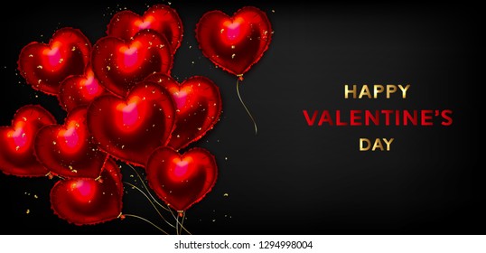 Valentine's Day Background With Red Heart Balloons And Golden Confetti. Romantic Wedding Love Greeting Card. February 14. Vector illustration