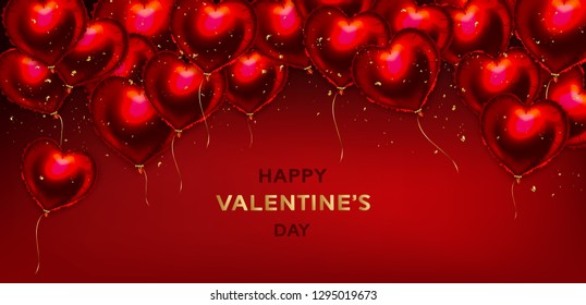 Valentine's Day Background With Red Heart Balloons And Golden Confetti. Romantic Wedding Love Greeting Card. February 14. Vector illustration