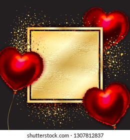 Valentine's Day Background With Red Heart Balloons And Golden Confetti on black backgound. Romantic Wedding Love Greeting Card. February 14. illustration