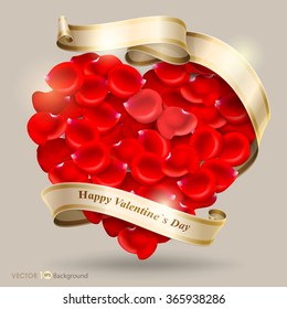 Valentine's Day background. Red heart of rose petals with ribbon. Vector Eps 10.