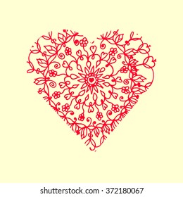 Valentines day  background with red heart mandala. Vector illustration