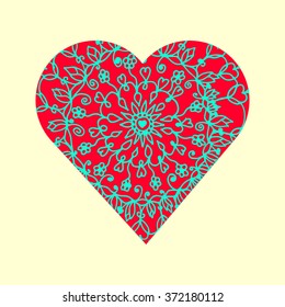 Valentines day  background with red heart mandala. Vector illustration